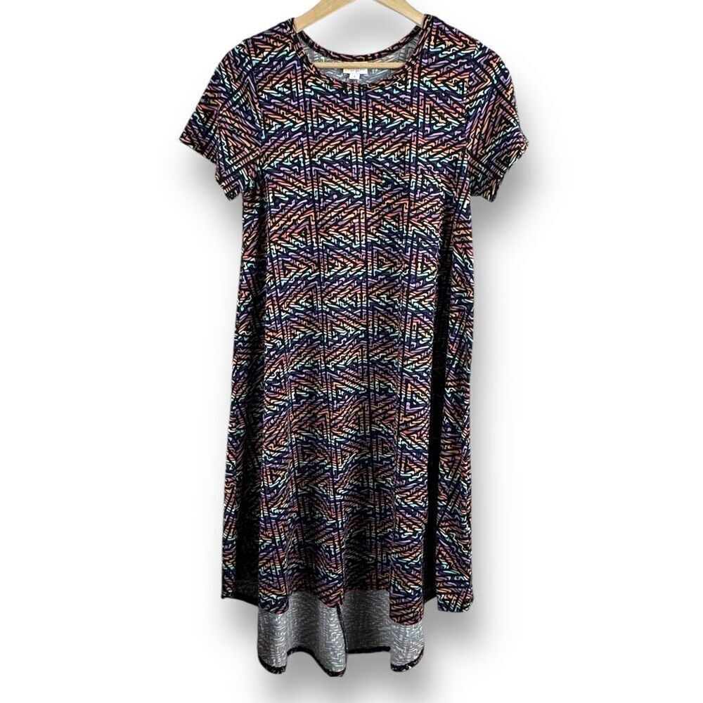 LuLaRoe Size S Carly High Low Tee Shirt Dress Rainbow Aztec Tribal Print‎ Casual